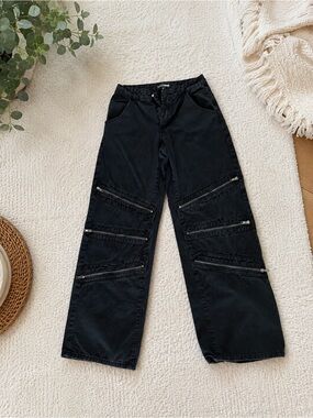 Fashion Nova Black Wide Leg Zip-Detail Jeans